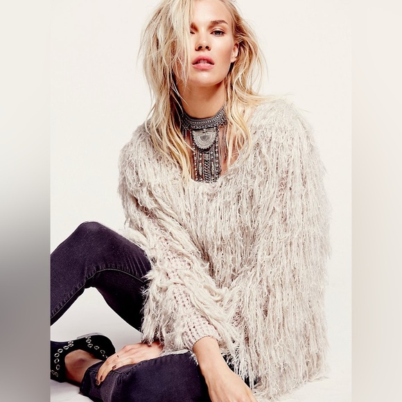 Free People Old Faithful Beige Shaggy Knit Jacket size medium - Picture 2 of 8